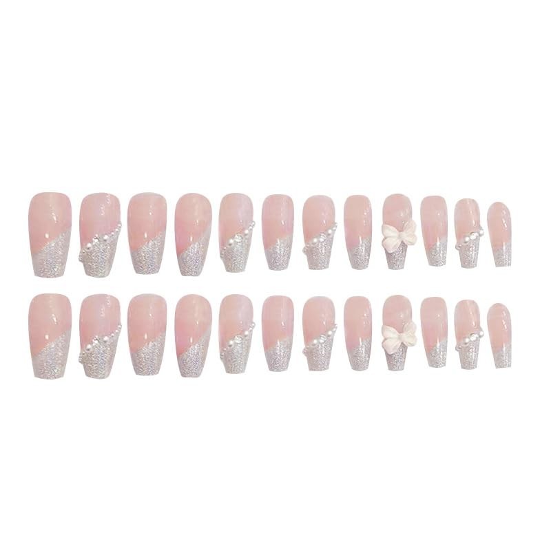 Secret Lives Glossy Artificial Translucent Pink Color with 3D Bow Pearls 24 Nail