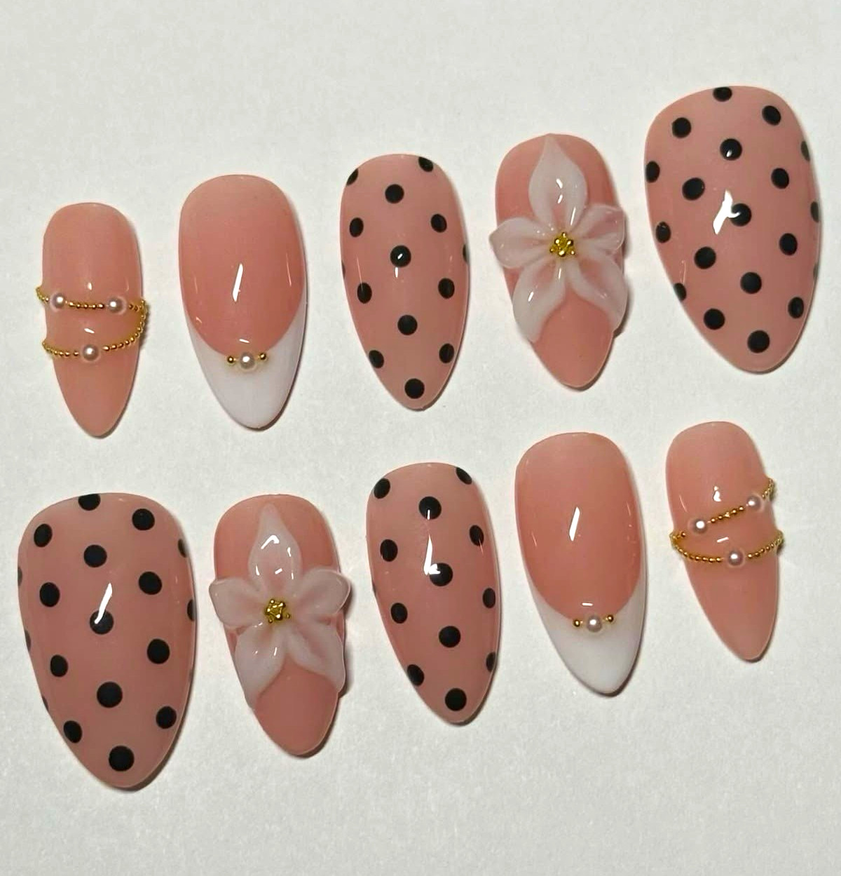 Long Almond Press-On Nails Full Cover Pre-Designed 3D Polka Dot Pink White