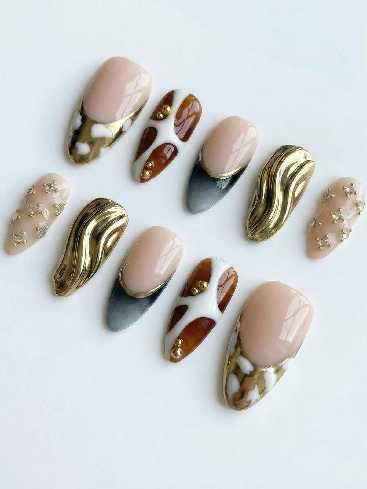 10PCS Handmade Almond Press On Nails Zebra Tortoise French Metal Charms Reusable
