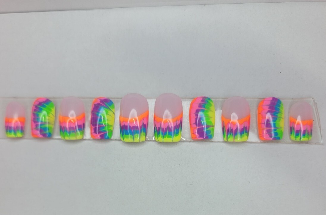 Rainbow neon tie-dye press on nails short square French tip pride nails