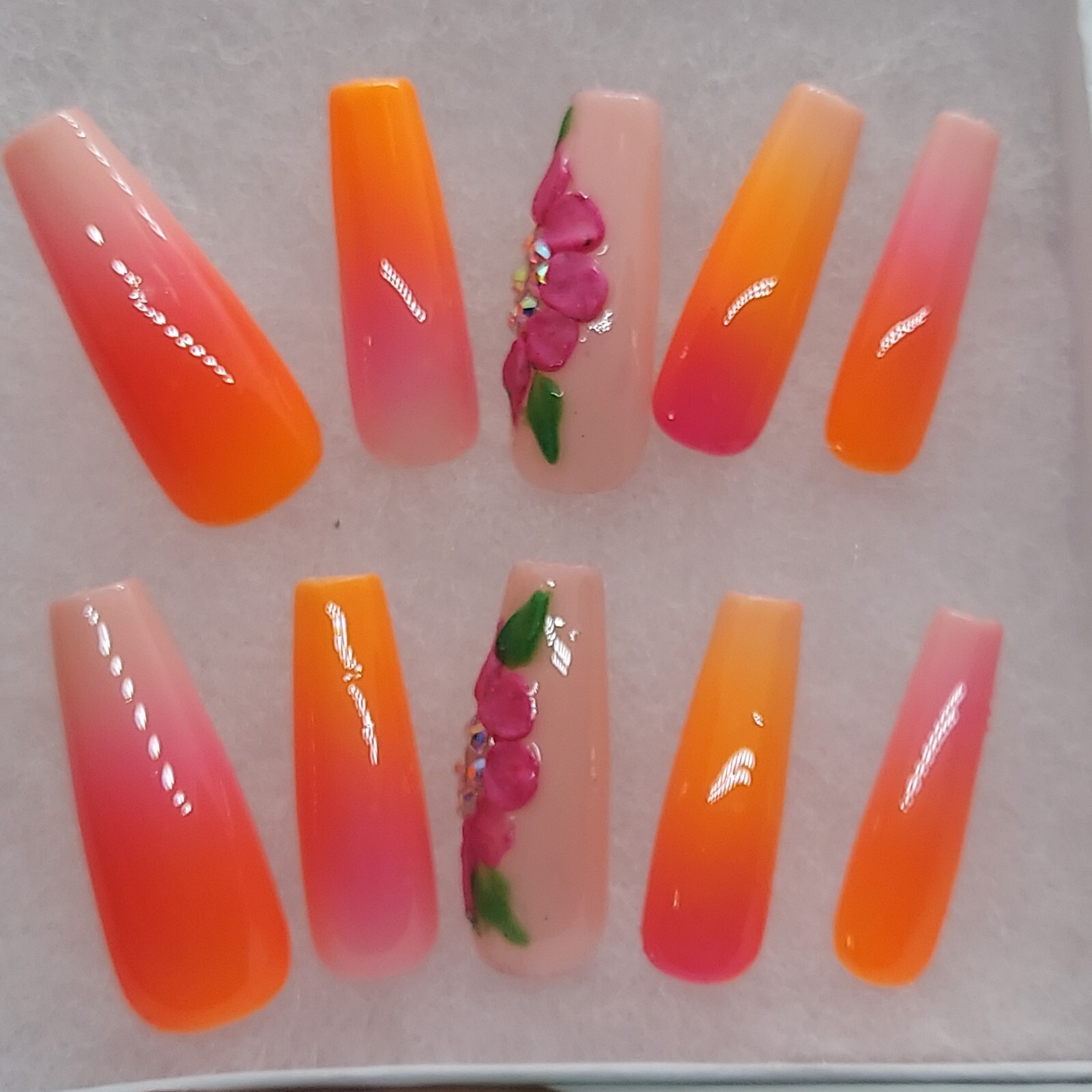Vacation Tropical Nude Ombre Sunset Pink Orange Floral Press on Nails