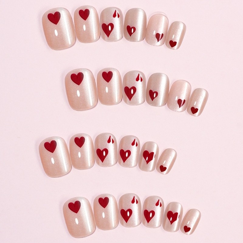 24 Pieces Heart Pattern Press On Nail ABS Material Short Square Style