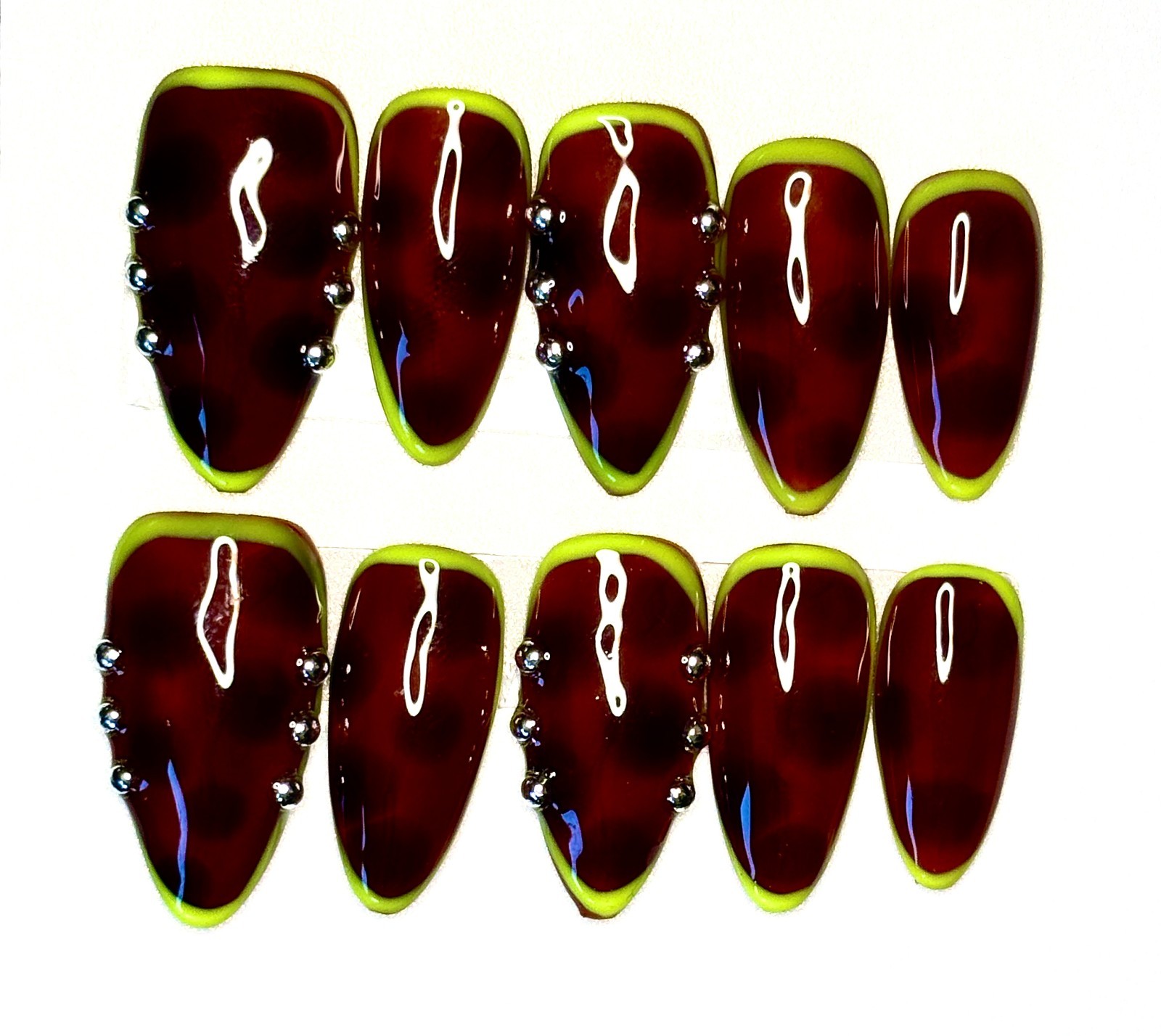 Slime Lime Green & Dark Cherry French Tip Press On Nails Size L Coffin Kit