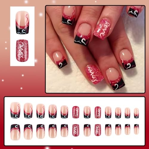 24 Pcs French Tip Press on Nails Short Square Heart Fake Nails with Glitter