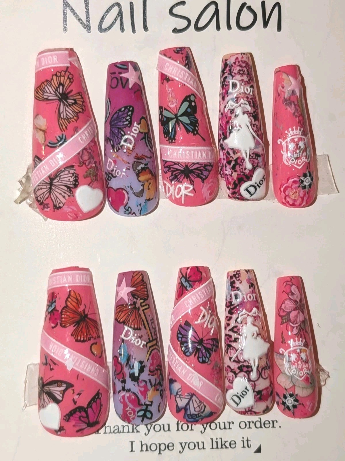 Printed custom decorative 10pc short acrylic press on nails sz large Glue…