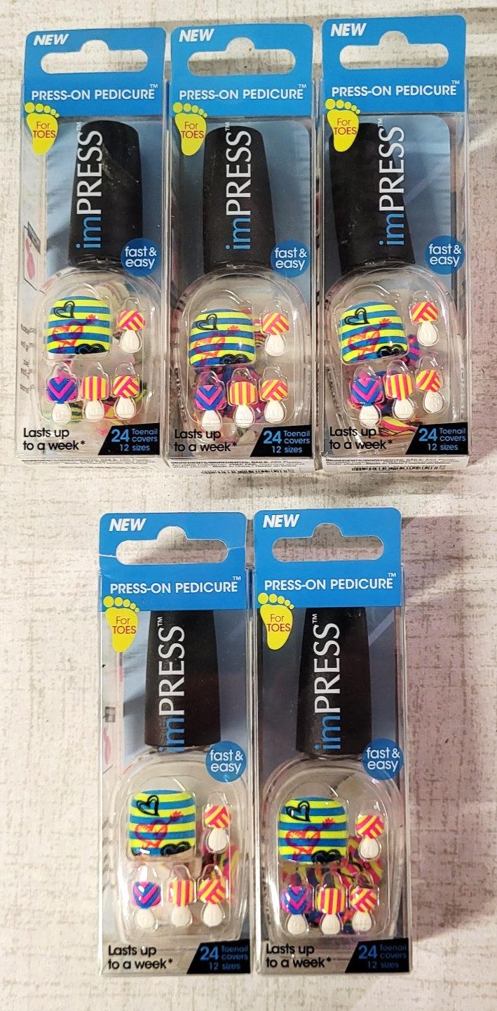 5 x Kiss imPRESS Press-On Pedicure Toe Nails MYSTERY GIRL Neon Stripes w/ Hearts