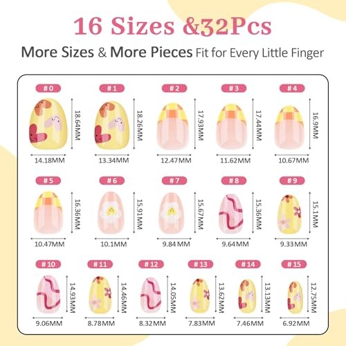 16 Sizes Press on Nails Kit for Kids – 32 Pieces French Almond B-Happy Smile