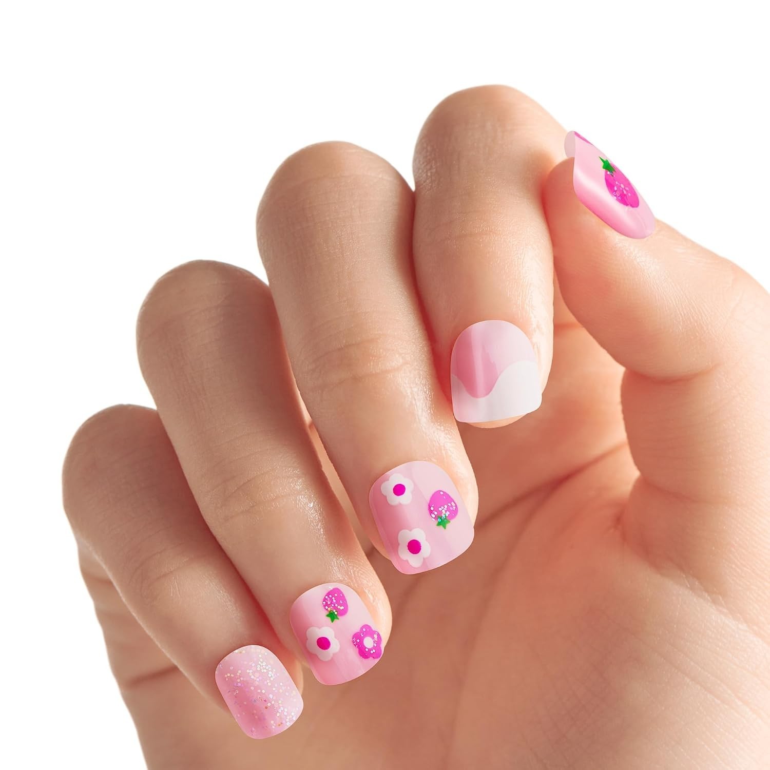 No Glue Mani Press On Nails, Mini, ‘Berry Cute’, Pink, Kids Size, Squoval Sha…
