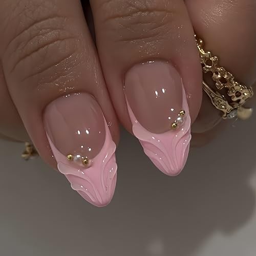 Almond 3D Pink Press on Nails – Medium French Tip Fake Nails – Flower