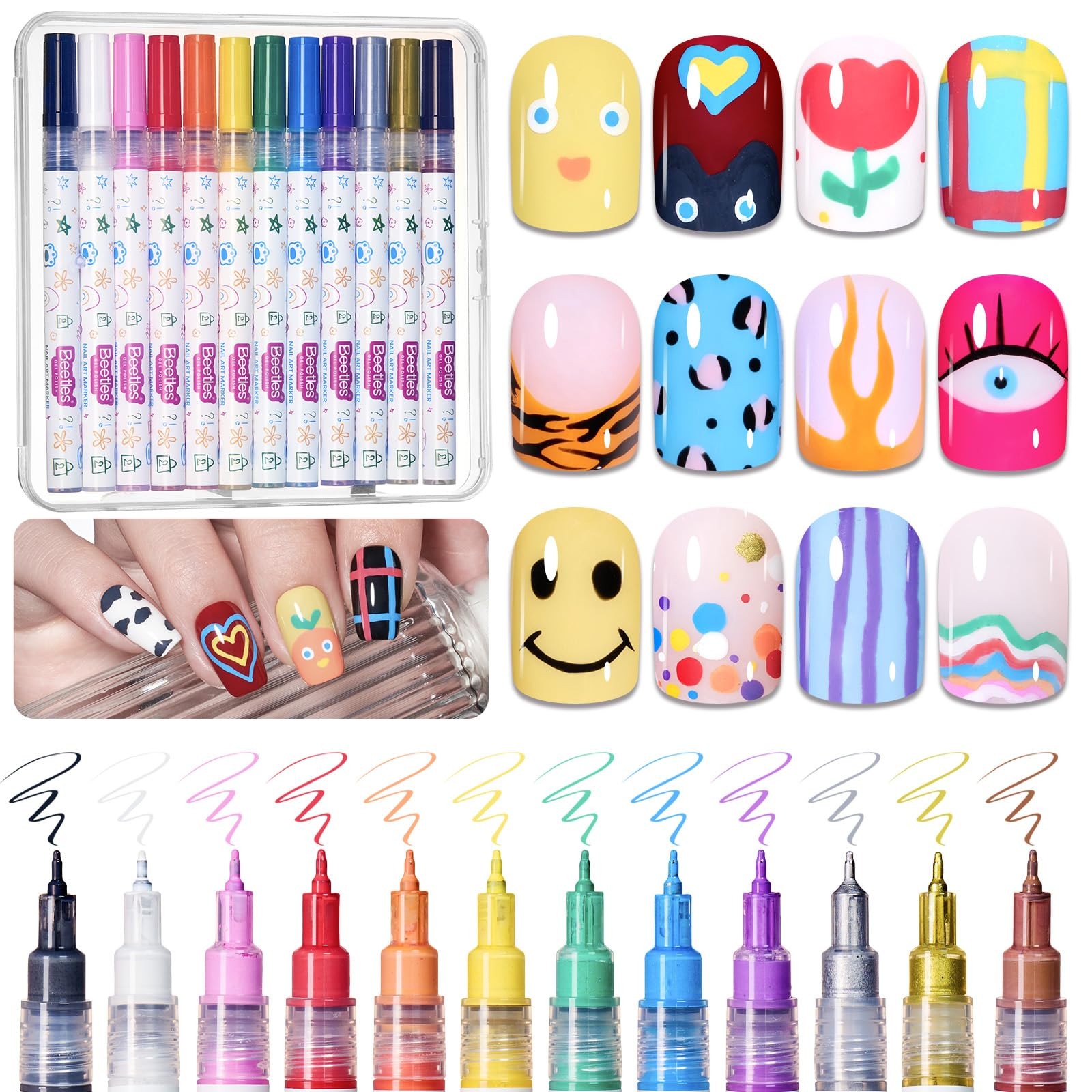 Beetles 12 Colors Nail Art Pens, 0.5mm Fine Line 12 Polish Pens