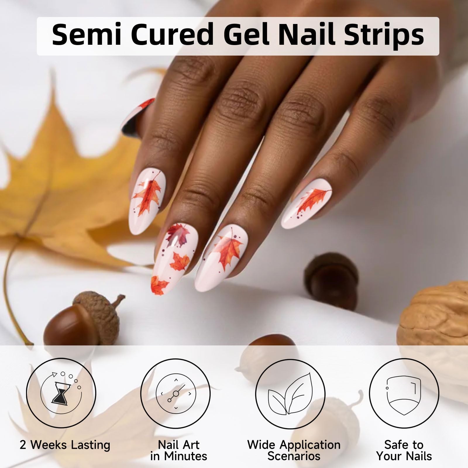 Semi Cured Nail Strips, 28 pcs Nail Polish Strips Autumn Work with Any UV Lam.