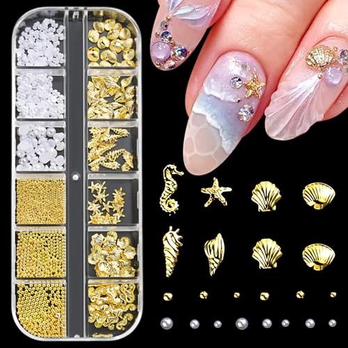 Summer Nail Charms 3D Steel Studs Metal Art Charms Pearls Seashell white