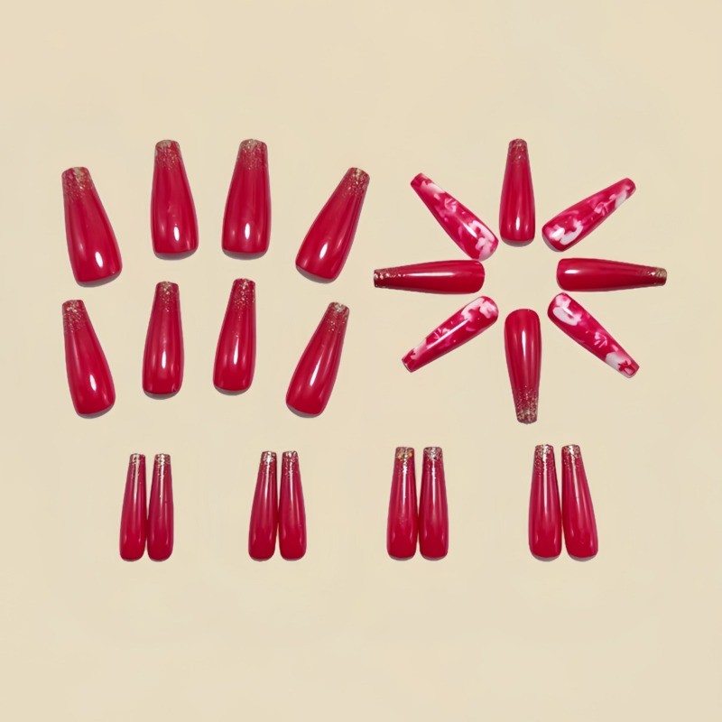 48 Pcs of Red Rose Long Ballet Nail, European and American Fashion Fake Nail Art