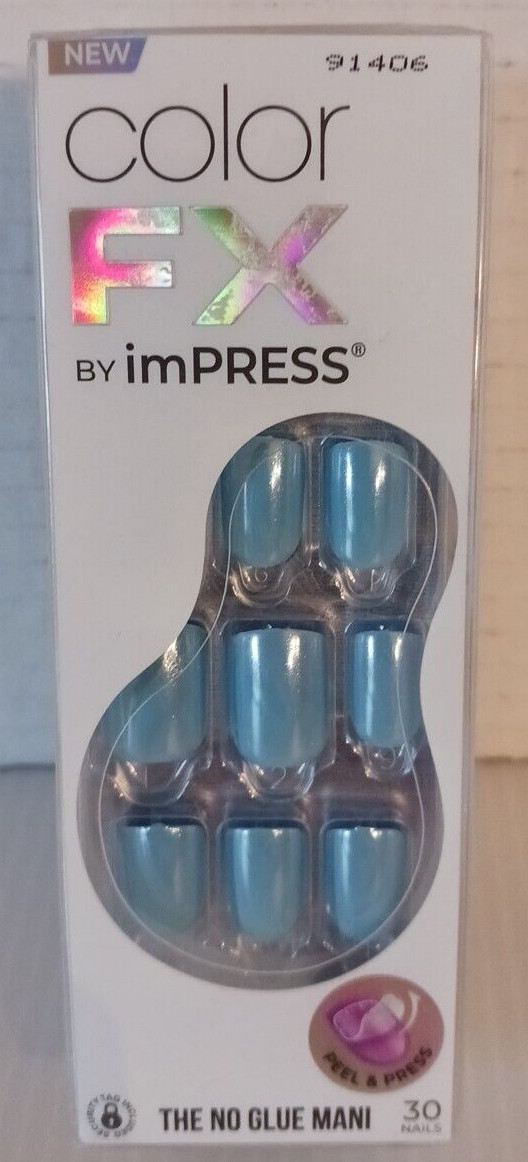 KISS imPRESS No Glue Mani Press-On Nails, Color FX, Meta’, Medium Blue, Short