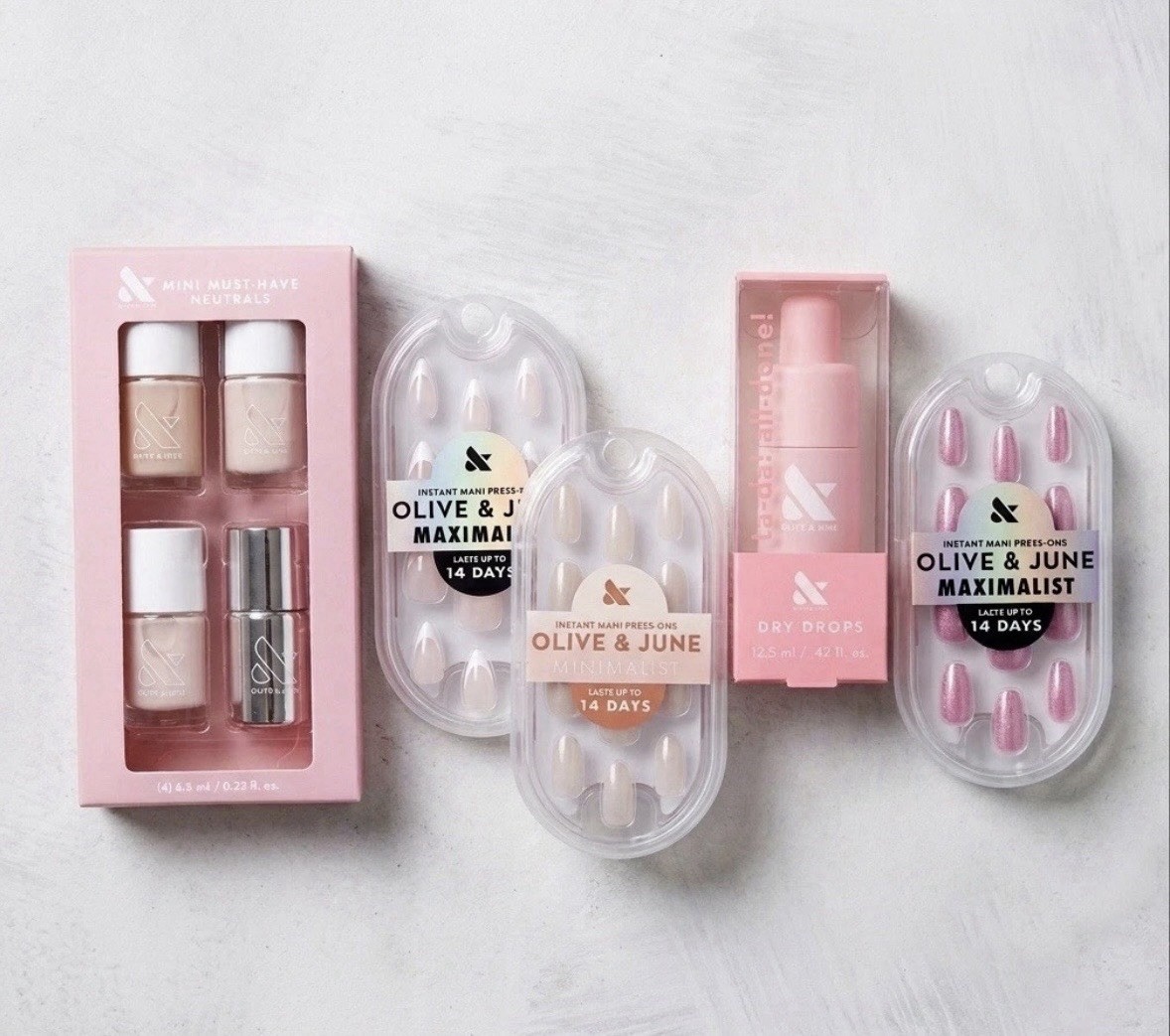 NEW Olive & June 3 Press On Nail Sets, Dry Drops, and 4 Mini Neutral Polishes