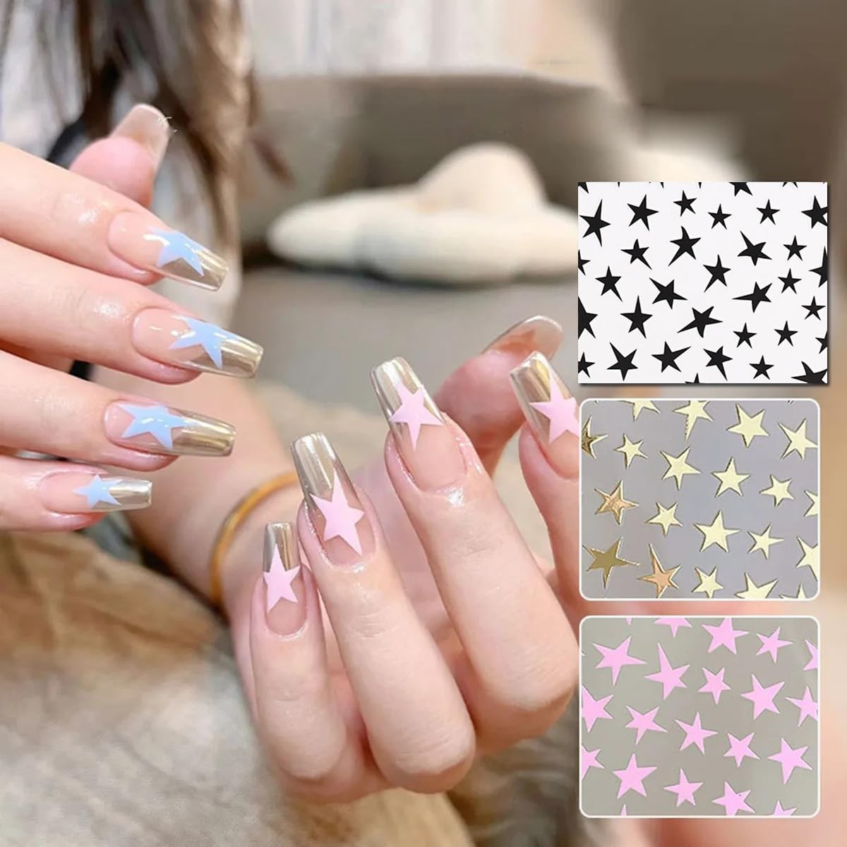 8PCS Star Nail Stickers 3D Shiny Glitters Starlight Self-Adhesive Nail Decals…