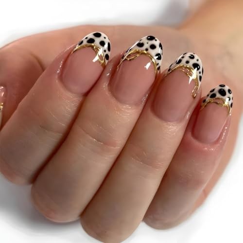 French Tip Press on Nails Short Almond Fake Nails Cow Pattern False Nails A12
