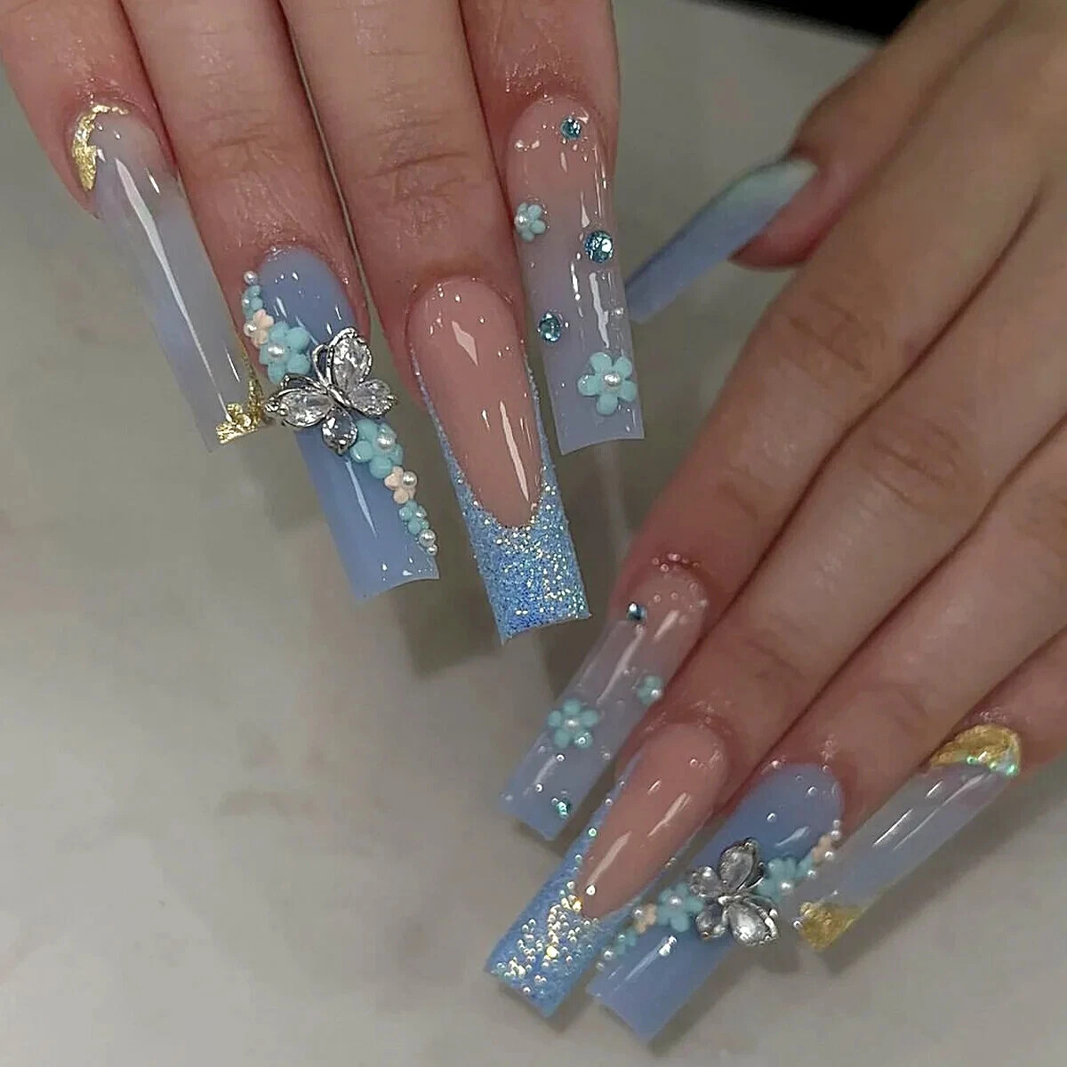 24Pcs Extra Long Square Fake Nail with Glue 3D Little Bear Bow Design False Nail