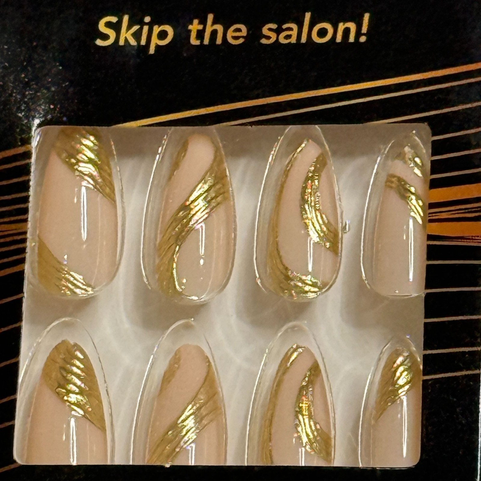bColor Gold Nude Press On Nails 12pc Abstract Design Almond Glue Not Included