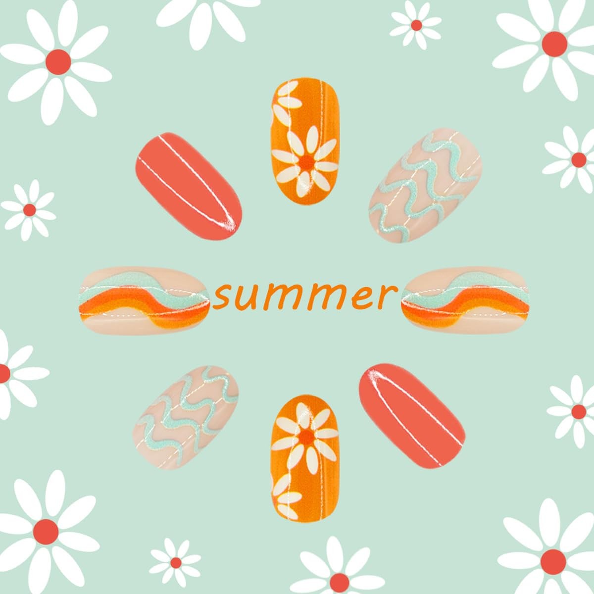 UZJXQ Style-6 Short Oval Orange Wave Flower Nails