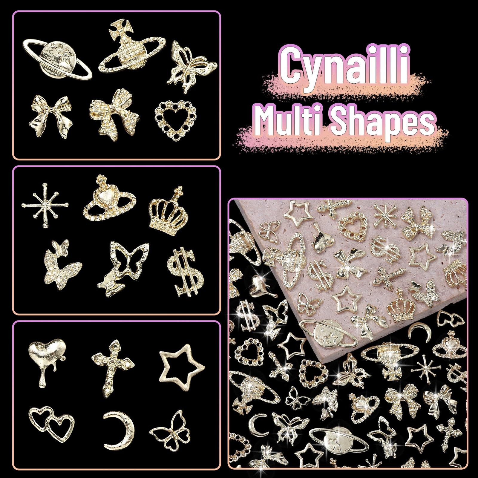 180 Pcs Gold Nail Charms and Gems, Bow Star Butterfly Cross Alloy Nail