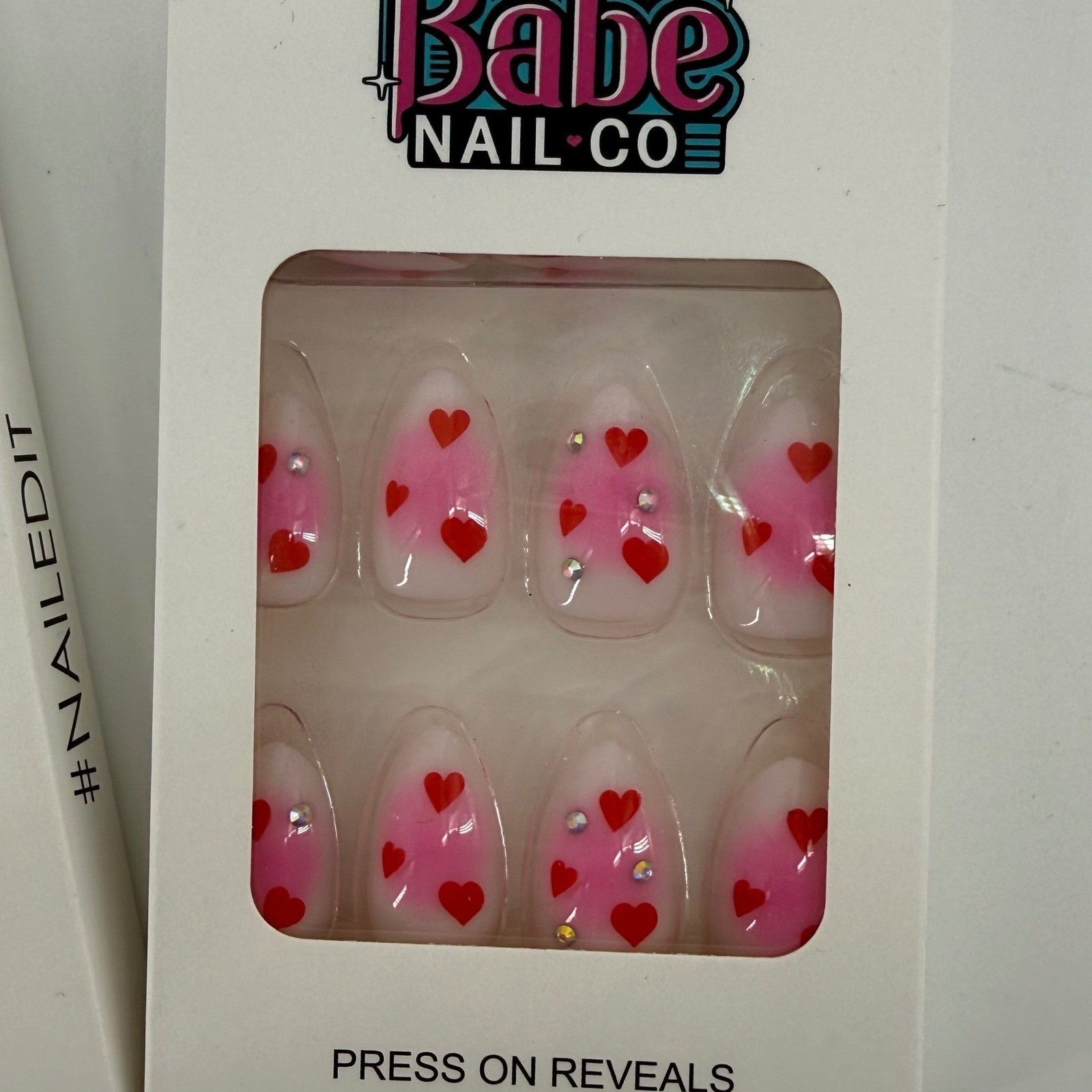 Babe Nail Co 4 pack Press On Valentines Nails Heart Design Red Pink Almond Shape