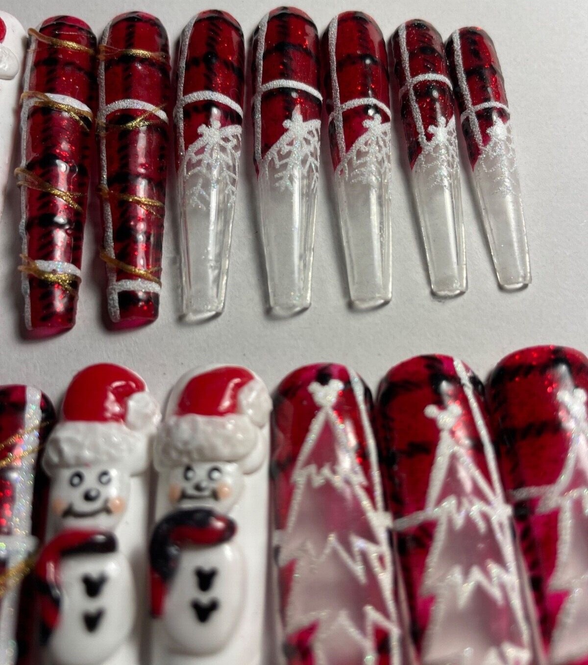 press on nails custom 24 3XL Christmas tree snowman 3-D coffin plaid red sparkle