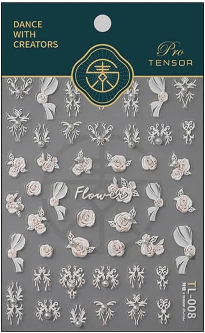 White Flower Nail Sticker 5D Embossed Pearl Flower Nail Art Sticker Self Adhesiv