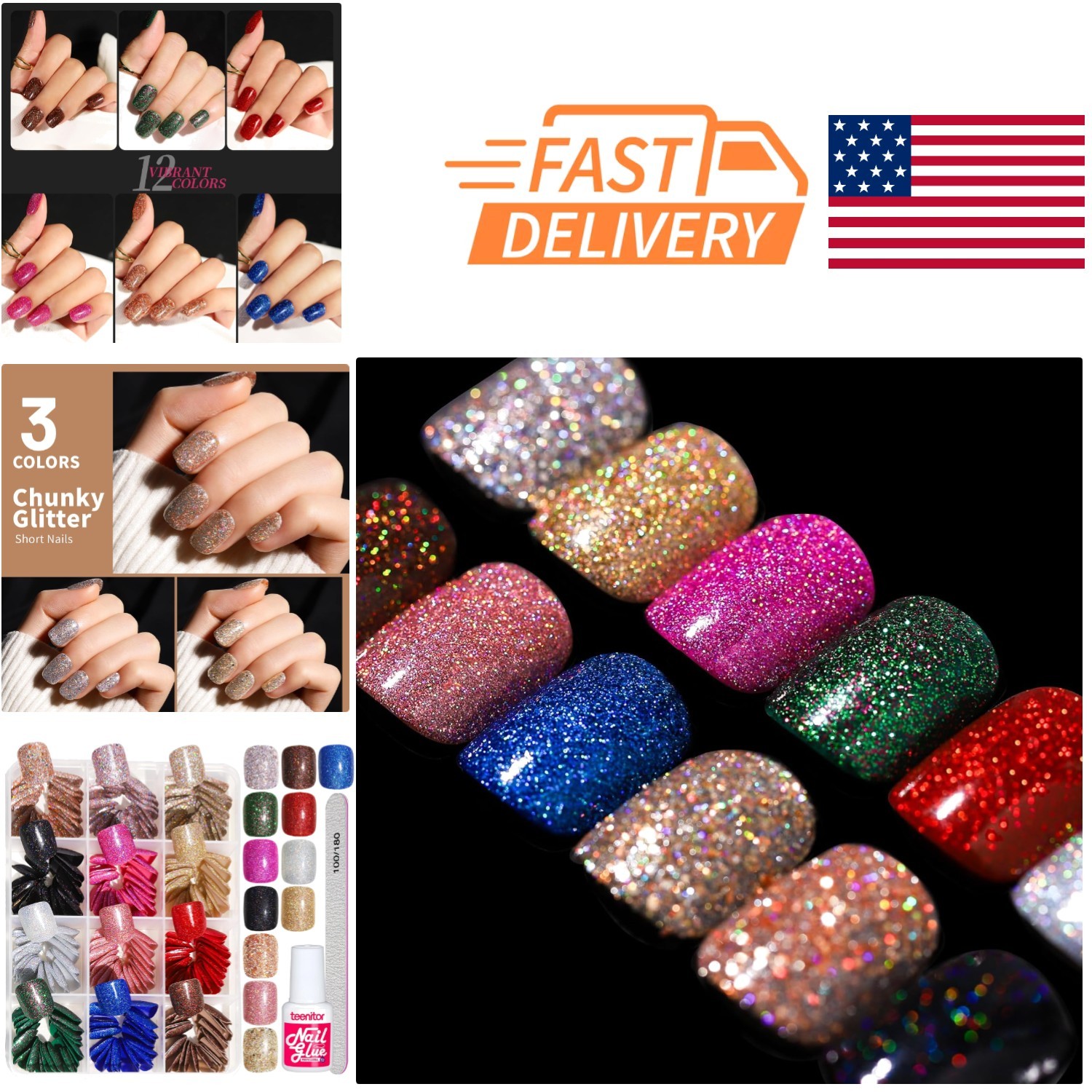 Glitter Short Square False Nails 288 Pieces with Nail Glue and File for Styling