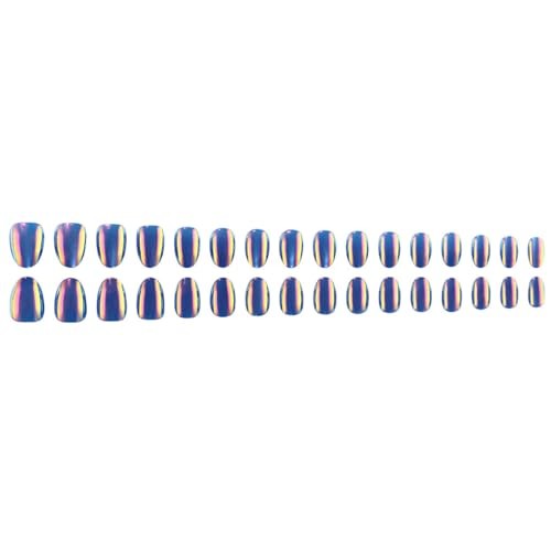 Aurora Blue Metallic Fake Nails – Oval False Short Style-21 – Metallic Finish