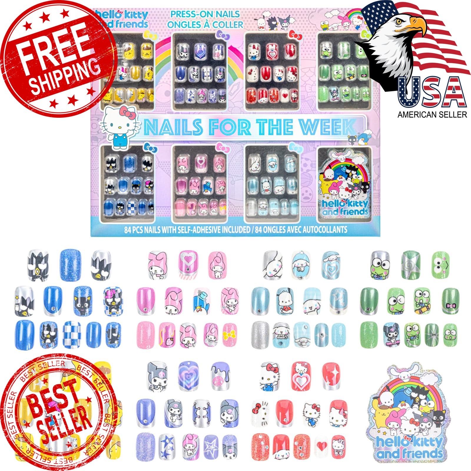 Townley Girl Hello Kitty and Friends Press On Nails 84 Pcs Kids