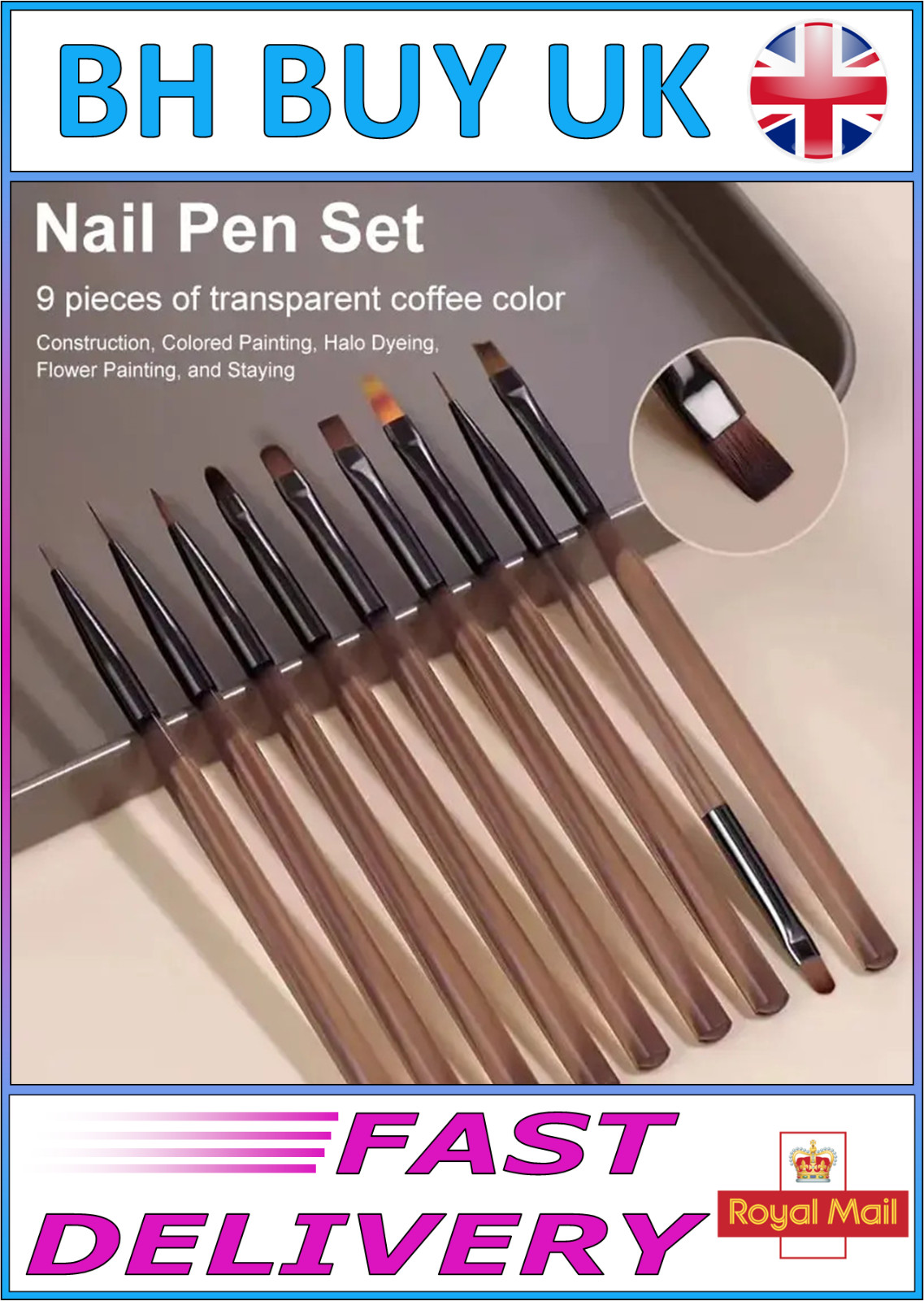 9 x UV GEL NAIL BRUSH SET, ACRYLIC, MANICURE, VARNISH, ART, TIPS, LINER PEN TOOL
