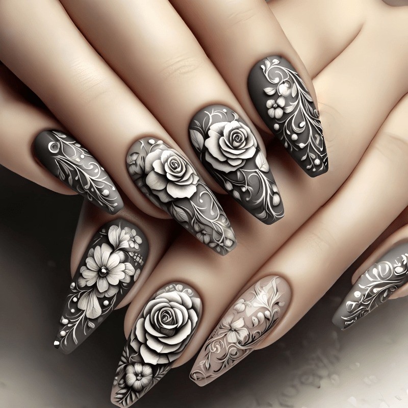48 Pieces of Black Gray Embossed Floral Fake Nails – Removable Fake Nail Art
