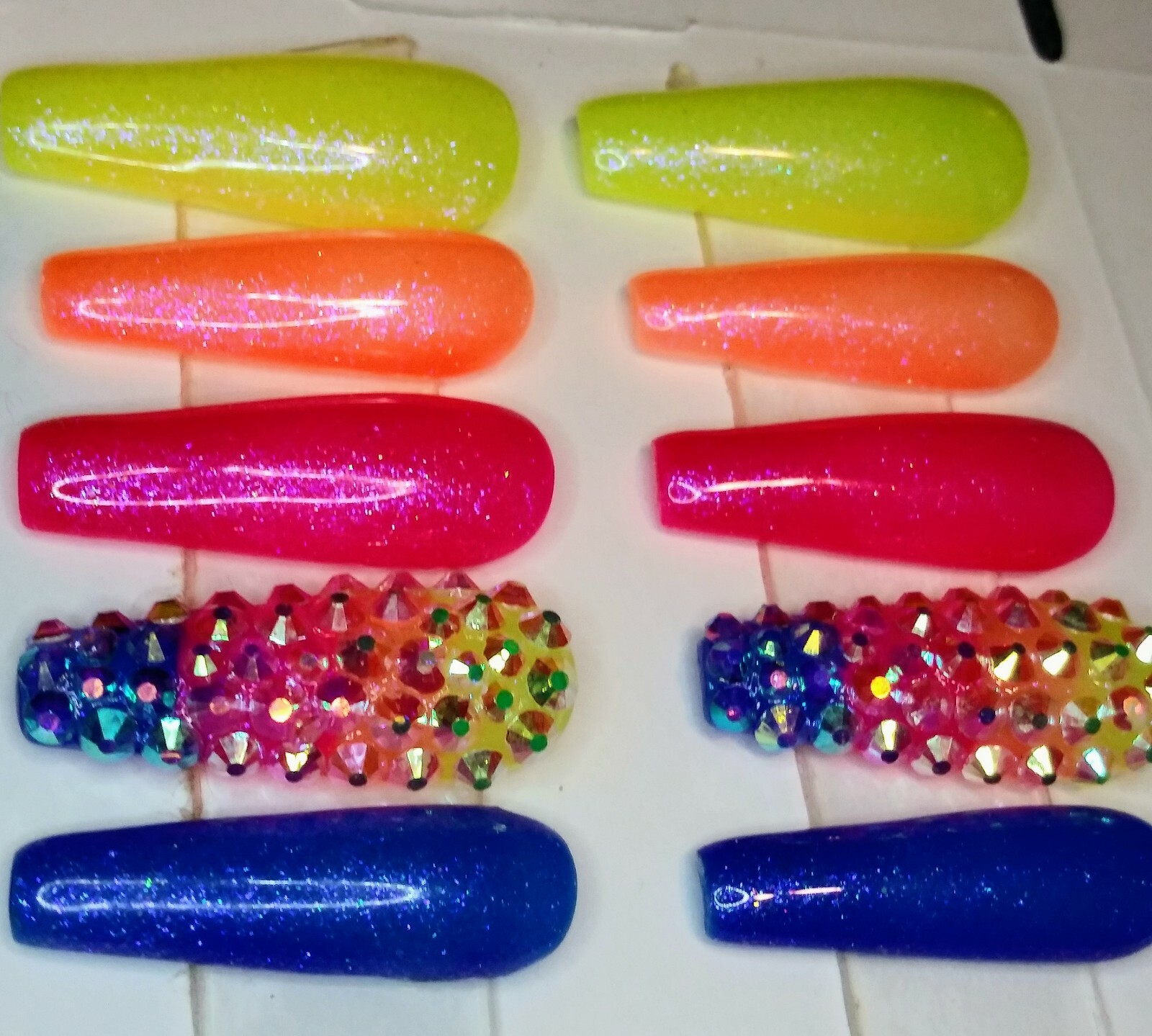 Neon Rainbow ombre bling nails w/ crystals Gel Press On nails long full set
