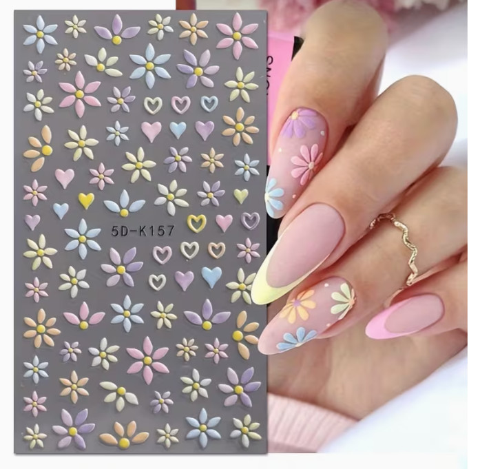 Flower & Heart Nail Stickers 5D Colourful Spring Floral Nail Art 1pcs