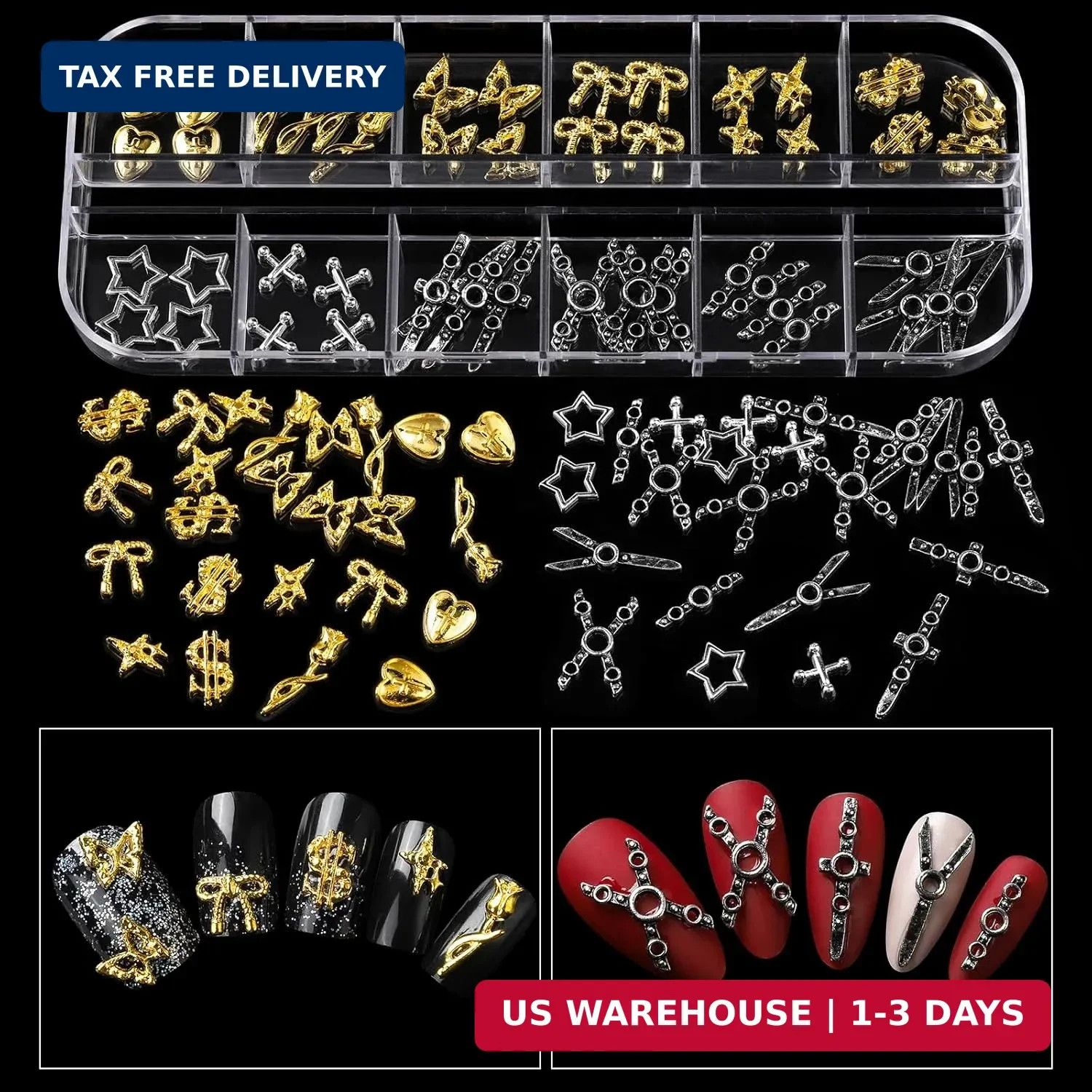Teenitor Nail Charms and Gems with Nail Stickers, 6 Boxes Silver & Gold Nail Gem