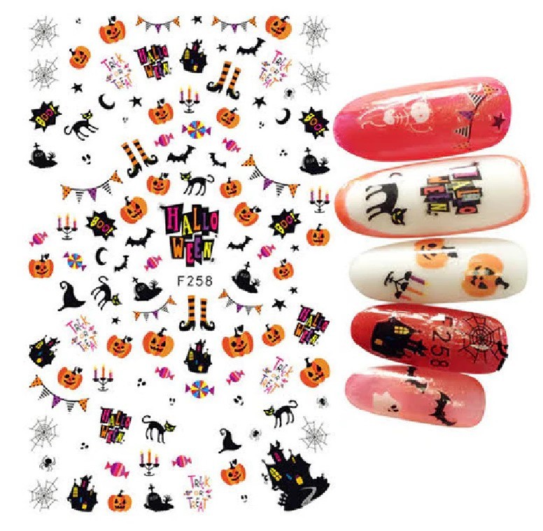 Nail Art 3D Decal Stickers web spider ghost cat castle bat pumpkin face F258