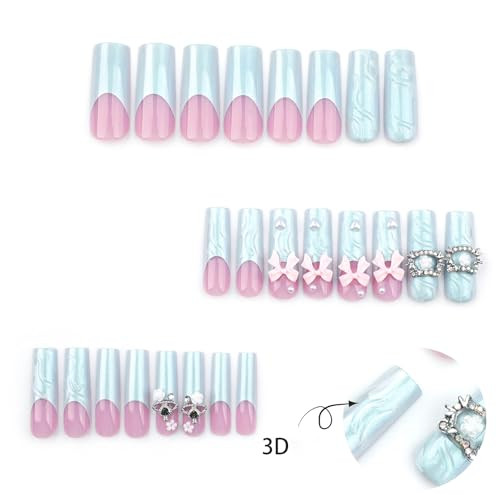 Long Square Press on Nails French Tip Fake Nails Blue False Long Style-C5C34