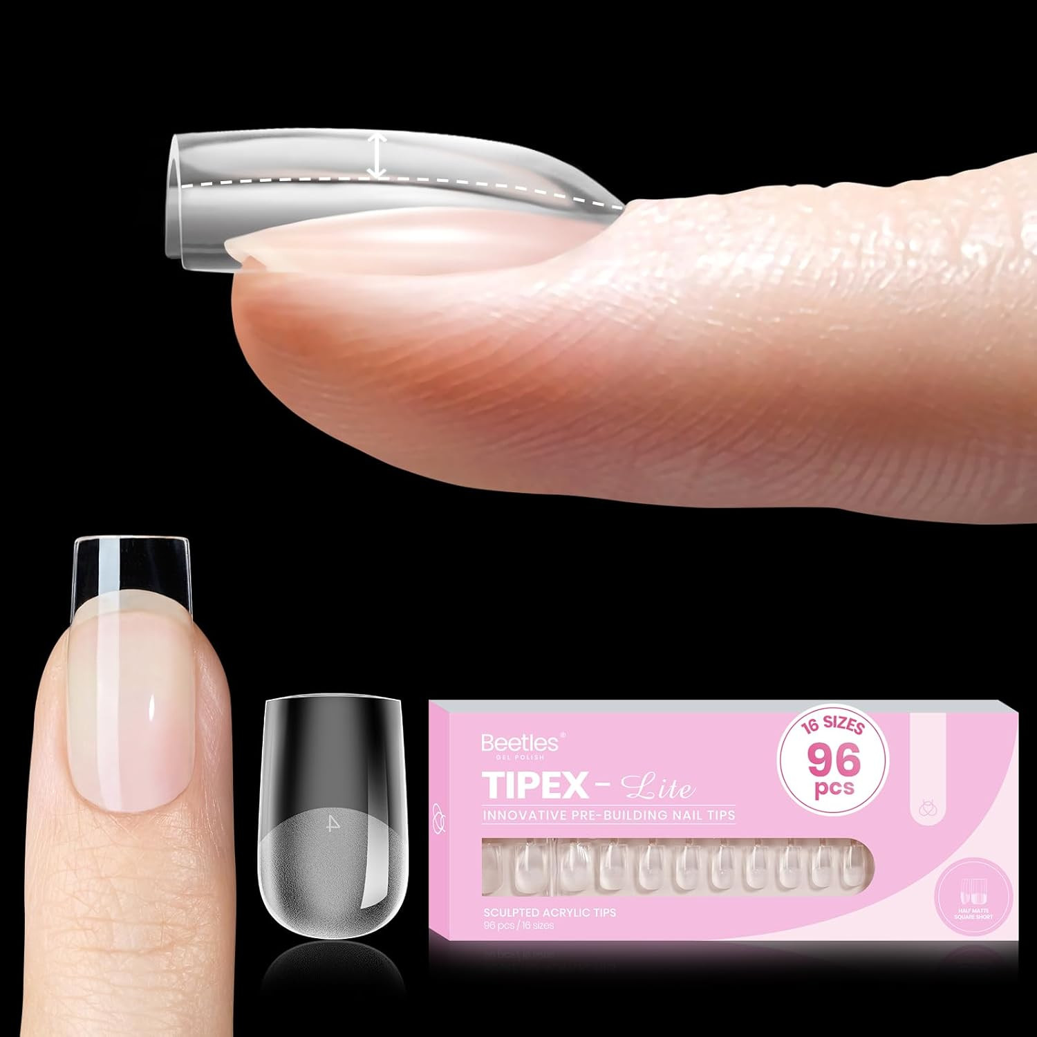 Beetles Tipex Lite Instant Apex Nail Tips, Short Square, 16 Sizes | 00�14, Built
