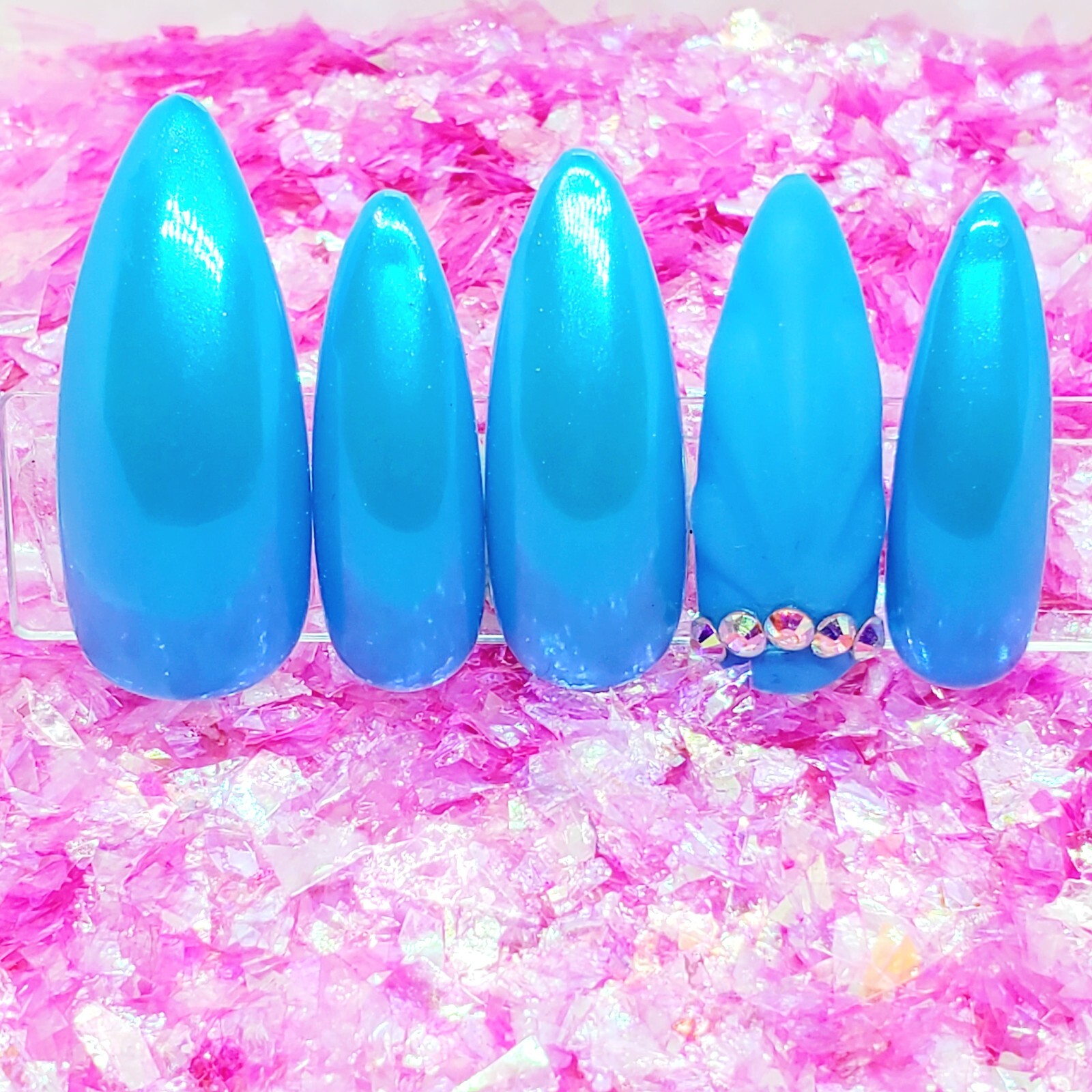Aurora Chrome Soft Blue Seashell AB Rhinestone Press On Nails Handmade Hard Gel