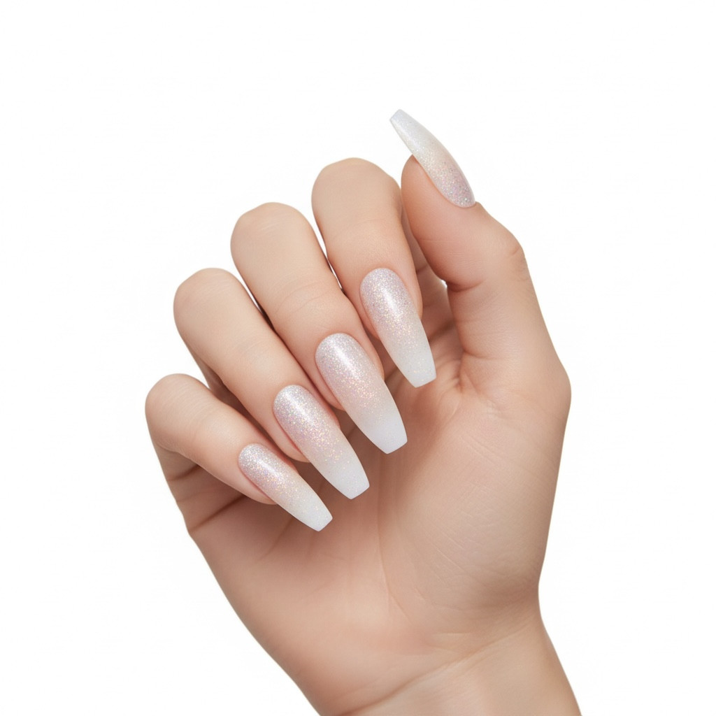 Nude Glitter Ombre French Press On Nails Extra Long Coffin Ballerina Fake Nails