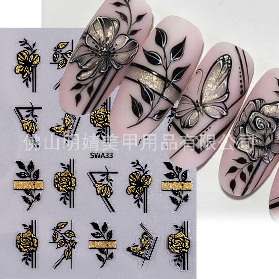 Gold Black Flower Leaf Geometric Nail Art Stickers Self Adhesive SWA33 NH30