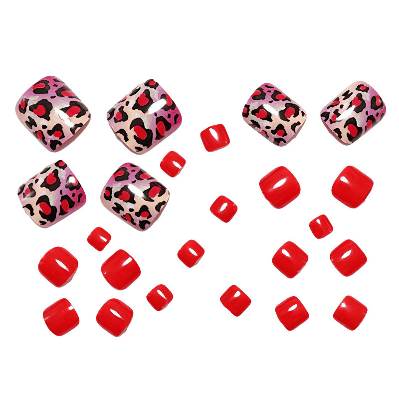 48P Short Square Toe Press on Nails,Red Base Heart & Leopard Print Fake Toenails