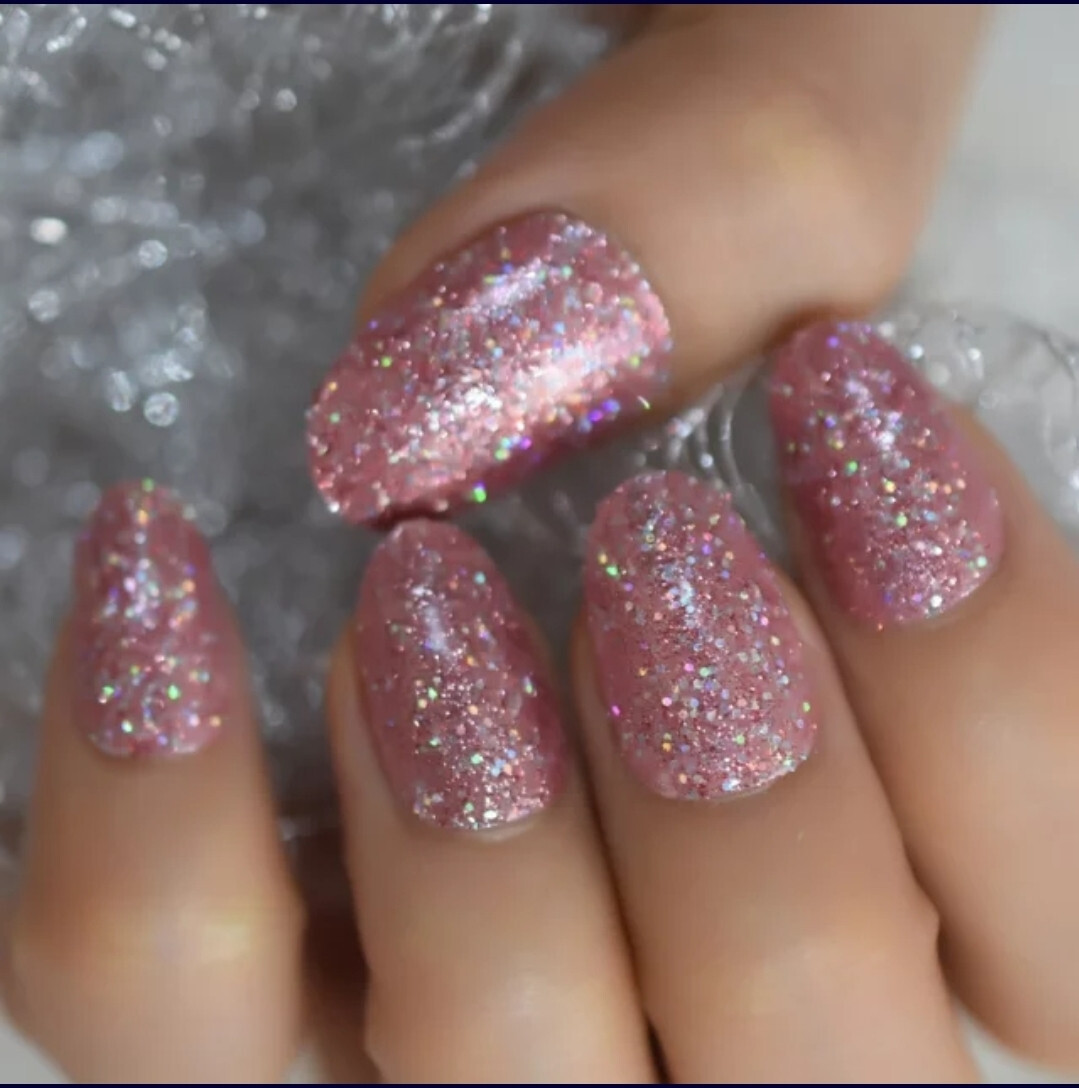 24 Short Press on nails kit w glue rose gold pink almond glitter