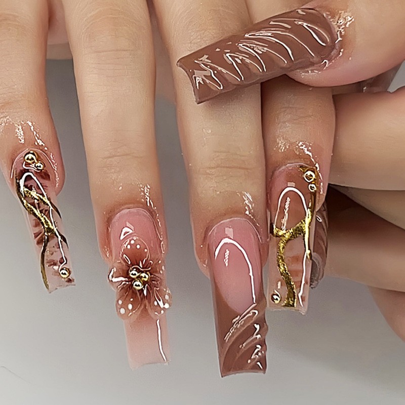 48 Pcs Gold Line Floral Coffin Press on Nails, Elegant Autumn Trendy Fake Nails