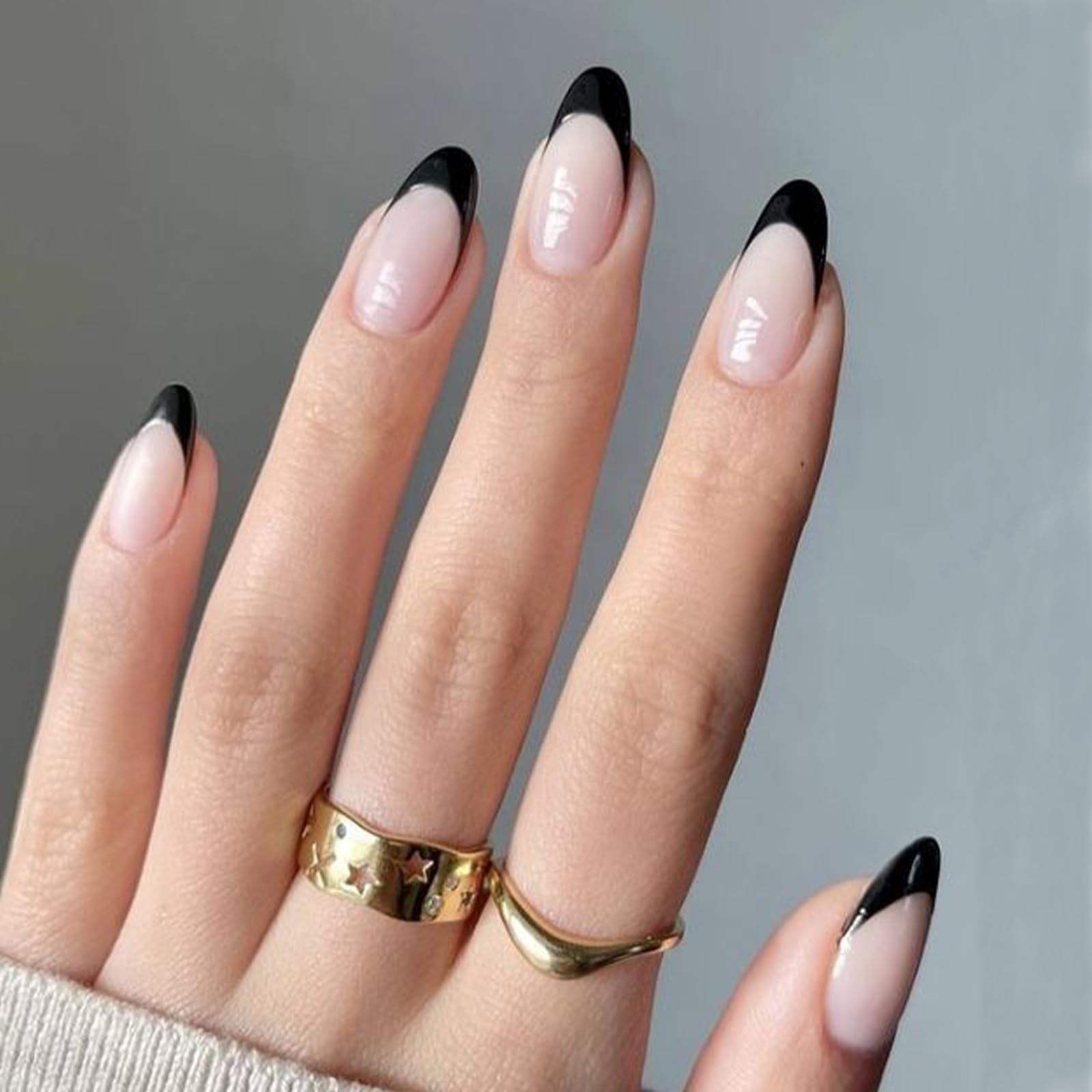 Modelones Black French Tip Press on Nails Short Almond short, A6-Black