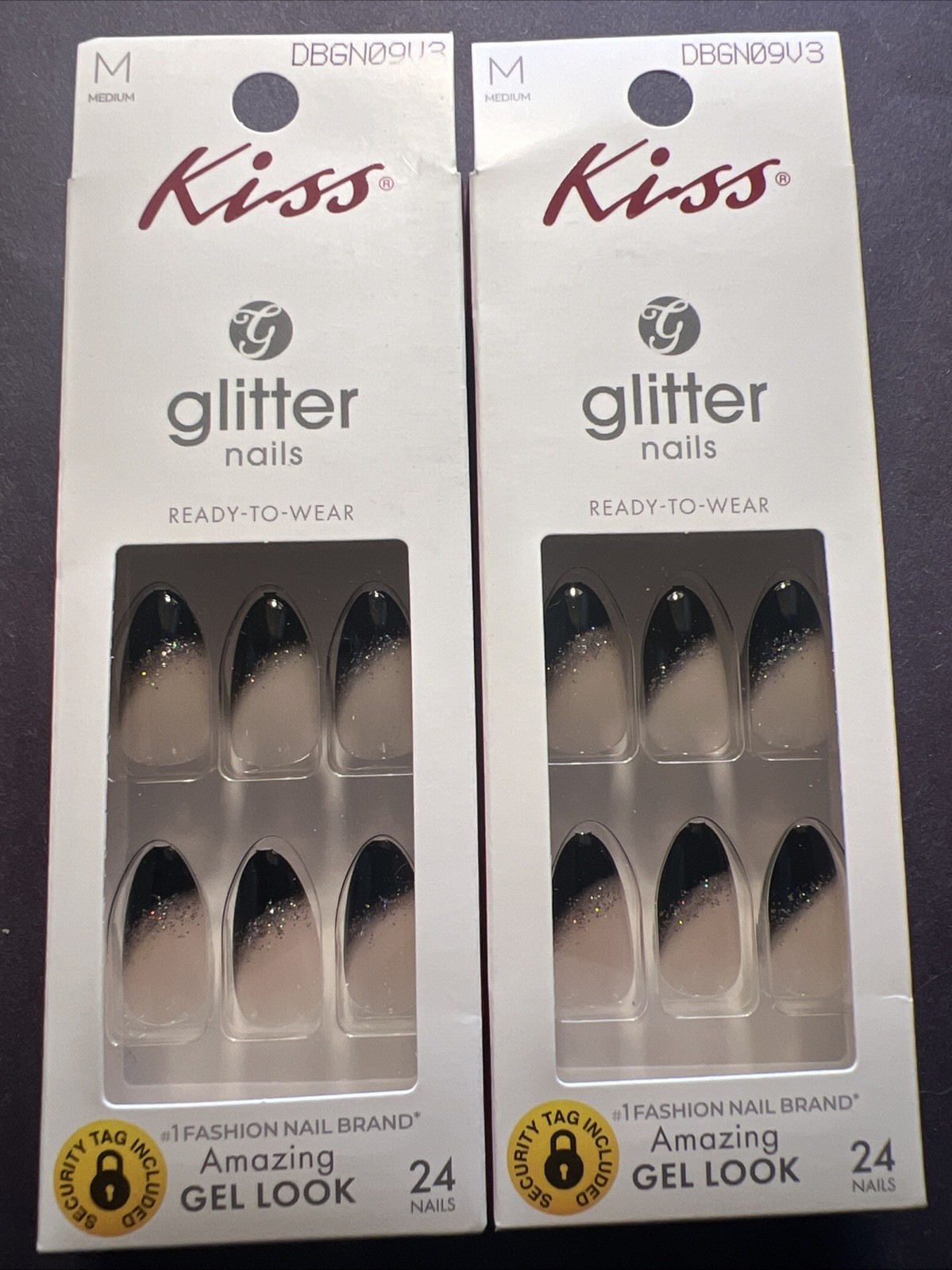2x~Kiss~Glitter Nails Ready To Wear~Flesh Gold Black~Almond ~Medium~Glue On Nail
