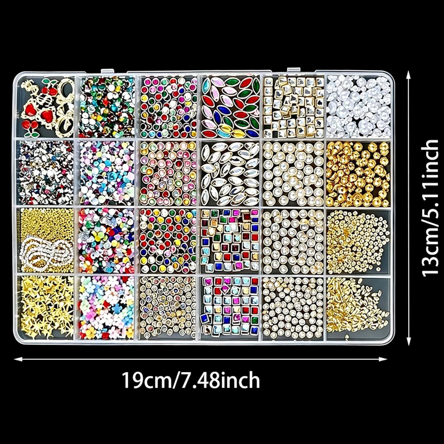 3D Nail Charms & Gems Kit: Vintage Pendants, Rhinestones, Pearls, 24 Grids