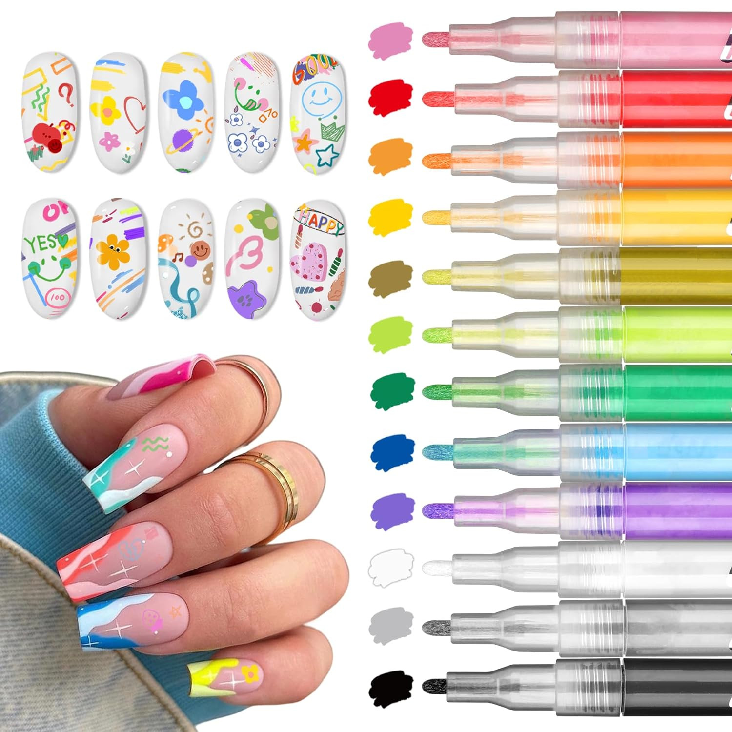12 Colors Nail Art Pens Set, Nail Art Markers Polish Pens for Painting Nails, Ac