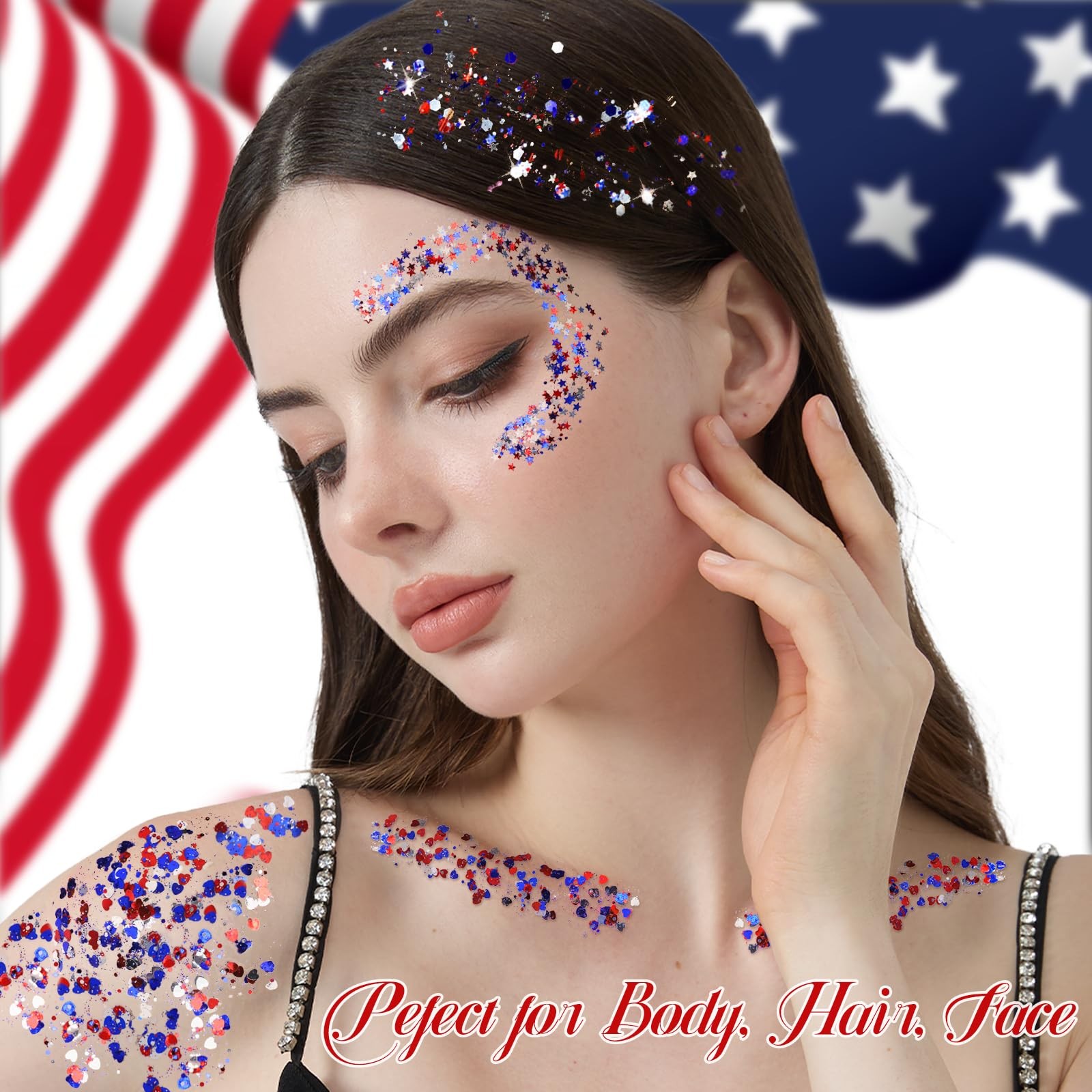 Red White and Blue Body Glitter Gel with Face Gems Set, 4th of July Patriotic Fa